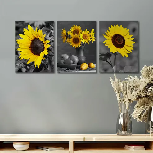 3pcs Sunflower Yellow Floral Painting Wall Art Set Canvas Framed 50x70cm - High Quality Print 100% Australian Made Wall Canvas Ready to Hang