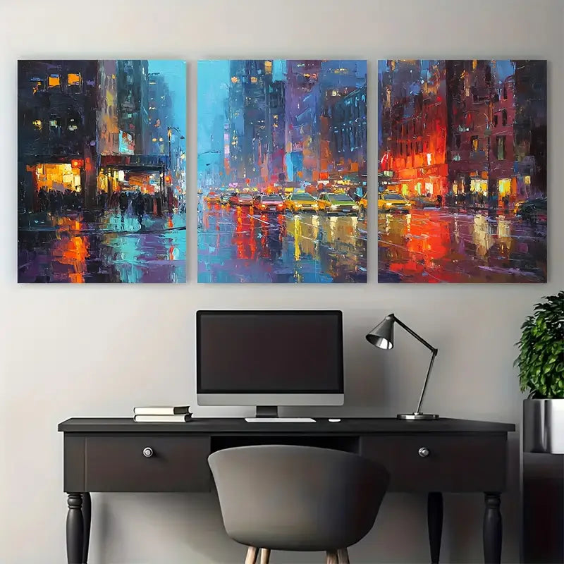 3pcs Continuous Rainy Night In The City Metal Print Ready to Hang Art - Bella Home Decor