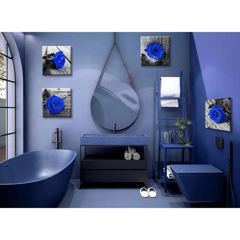 4pcs Royal Blue Rose Pictures & Gray Print Wall Art Canvas Framed - Bella Home Decor
