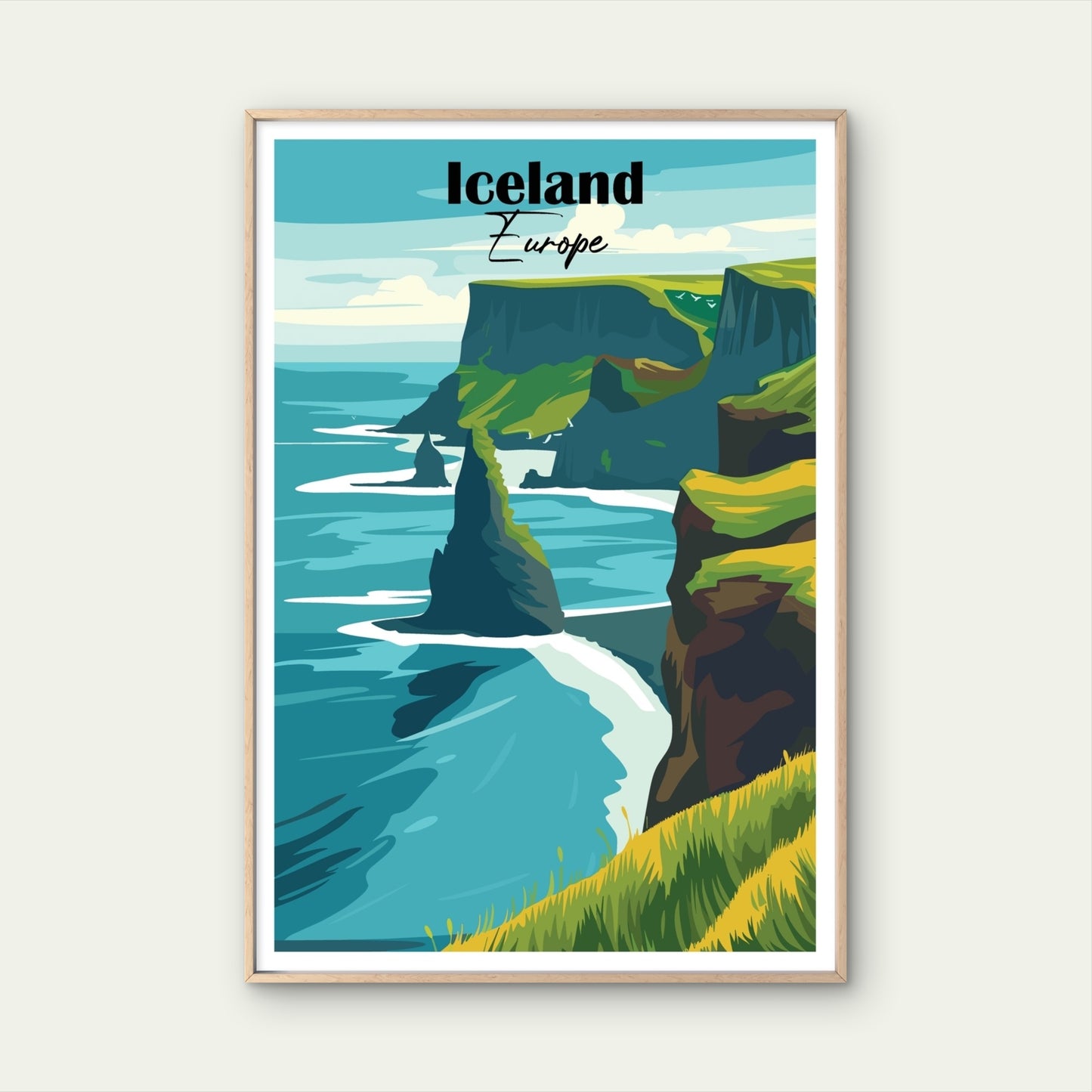 Iceland Europe Sea Stacks Coastal Cliffs Travel Poster Print Wall Art