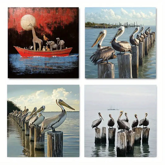 4pcs Stylish Pelican & Wildlife Wall Art Canvas Framed