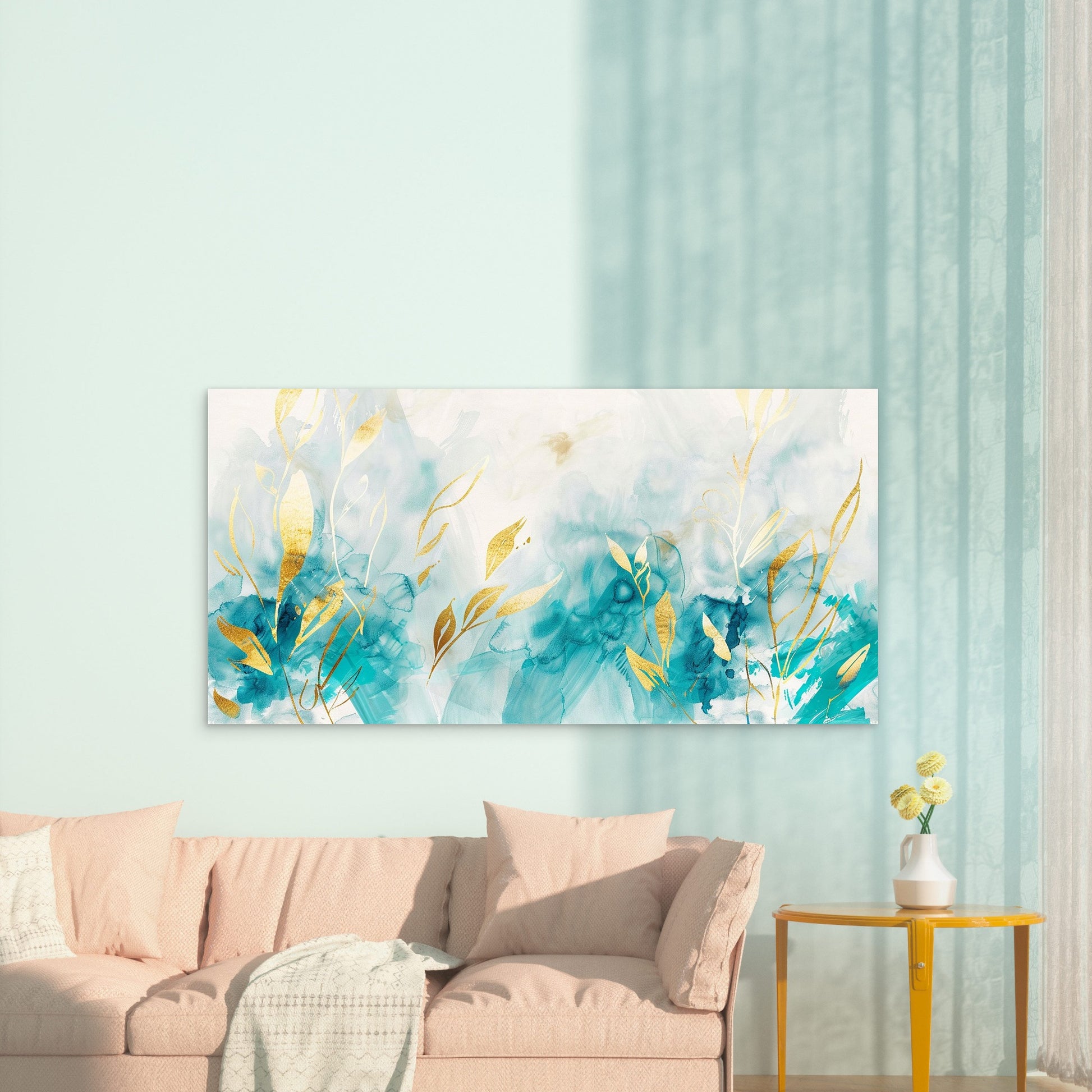 Teal Currents Gilded Leaves Wall Art Canvas Office Home Room Framed 120x60cm - Bella Home Decor