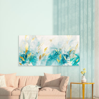 Teal Currents Gilded Leaves Wall Art Canvas Office Home Room Framed 120x60cm - Bella Home Decor