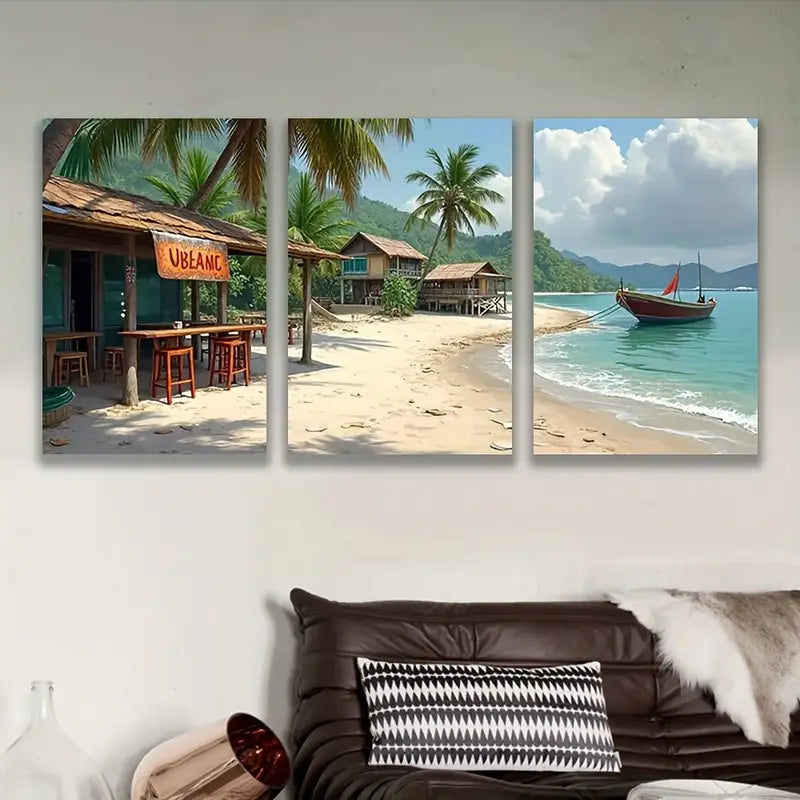 3pcs Beach Huts Palm Trees Scenic Wall Art Set Canvas Framed 50x70cm - High Quality Print 100% Australian Made Wall Canvas Ready to Hang - Bella Home Decor