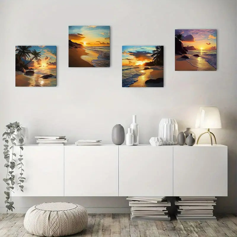 4pcs Sunset Over Tropical Beach With Palm Tree Wall Art Canvas Framed