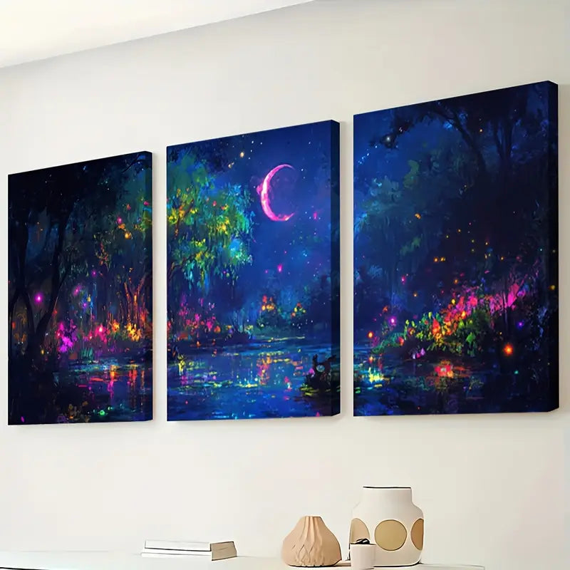 3pcs Moonlit Rainforest Night Scene Australia Wall Art Set Canvas Framed 40x60cm - High Quality Print 100% Australian Made Wall Canvas Ready to Hang