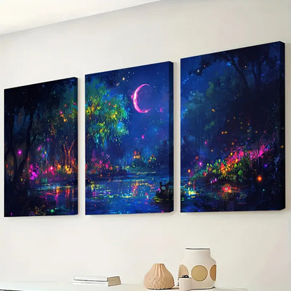 3pcs Moonlit Rainforest Night Scene Australia Wall Art Set Canvas Framed 50x70cm - High Quality Print 100% Australian Made Wall Canvas Ready to Hang