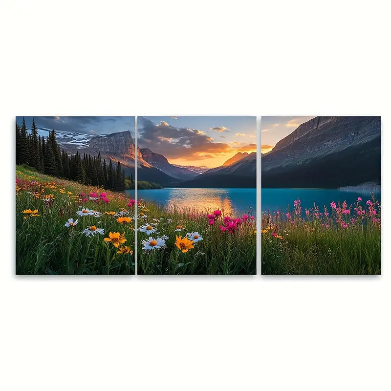 3pcs Mountain Sunset with Wildflowers Wall Art Set Canvas Framed 40x60cm - High Quality Print 100% Australian Made Wall Canvas Ready to Hang