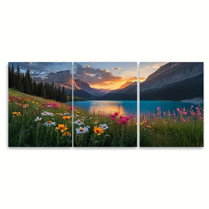 3pcs Mountain Sunset with Wildflowers Wall Art Set Canvas Framed 40x60cm - High Quality Print 100% Australian Made Wall Canvas Ready to Hang