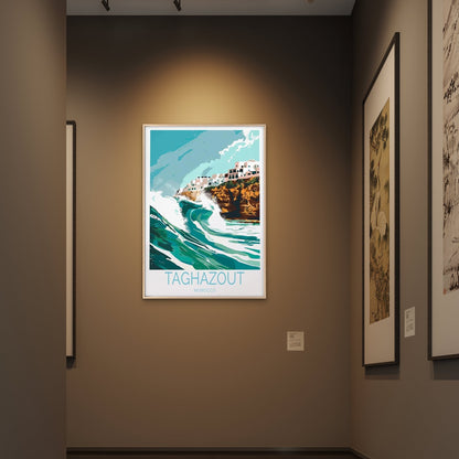 Taghazout Morocco, Big Waves and Houses Travel Poster Print Wall Art - Bella Home Decor
