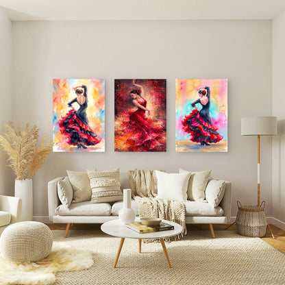 3pcs Spanish Flamenco Dancers In Black And Red Dresses Wall Art Set Canvas Framed 50x70cm - High Quality Print 100% Australian Made Wall Canvas Ready to Hang