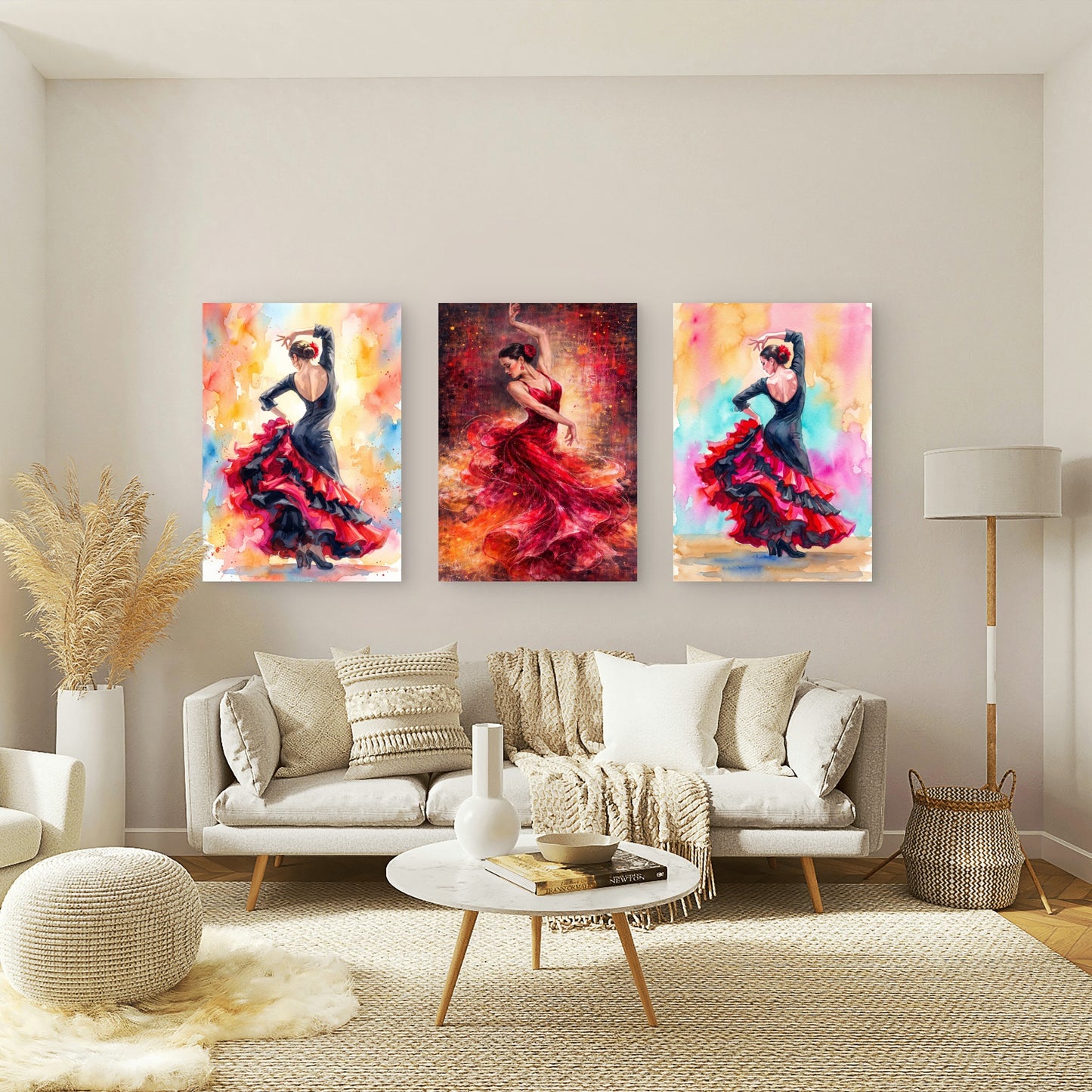 3pcs Spanish Flamenco Dancers In Black And Red Dresses Wall Art Set Canvas Framed 60x90cm - High Quality Print 100% Australian Made Wall Canvas Ready to Hang