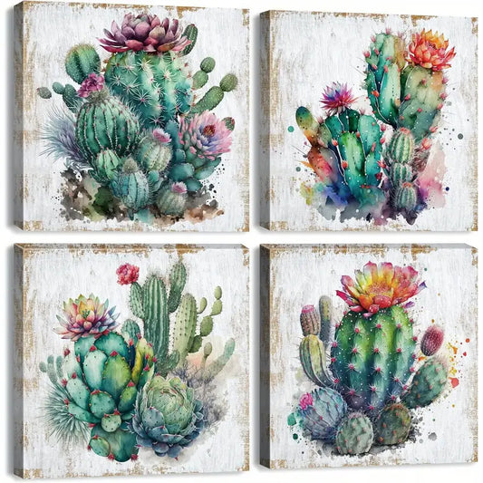 4pcs Cactus Decor Succulen Wall Art Canvas Framed