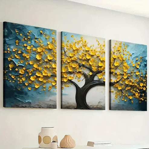 3pcs Ready to Hanging, Art Style Modern Abstract Trees Golden Flower Wall Art Set Canvas Unframed - High Quality Print 100% Australian Made Wall Canvas