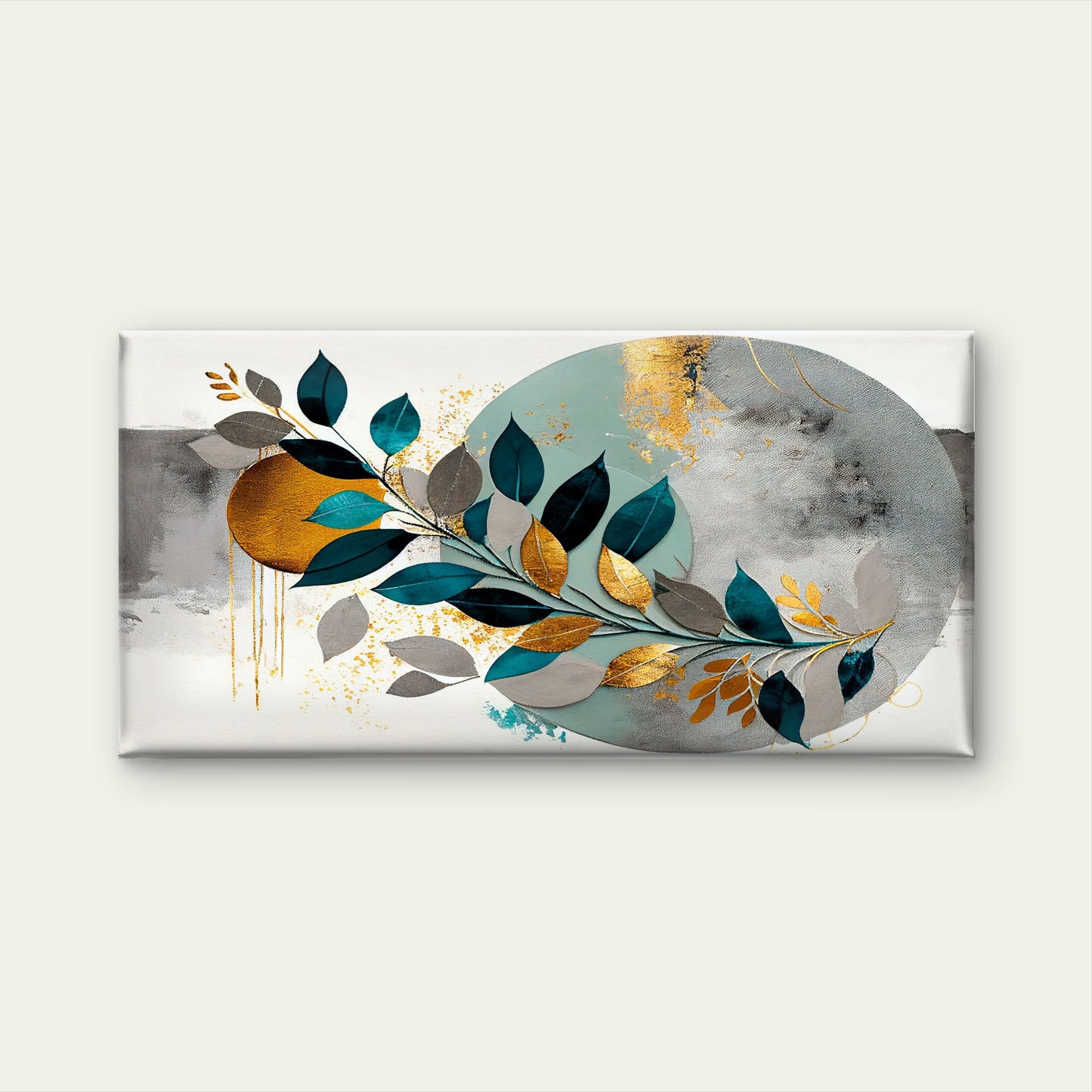 Modern Abstract Teal Gold Leaves Wall Art Canvas Office Home Framed 120x60cm