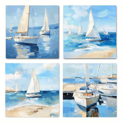 4pcs Ocean Coastal Sailboat Seascape Wall Art Canvas Framed