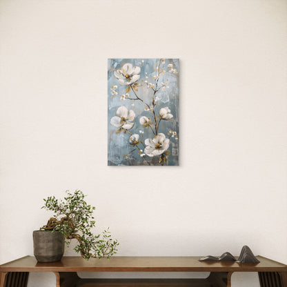 White Blossom Blue Gray Floral Painting 40x60cm Metal Print Ready to Hang
