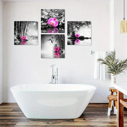 4pcs Stone Paintings, Bamboo,Pink Orchid Flowers Wall Art Canvas Framed