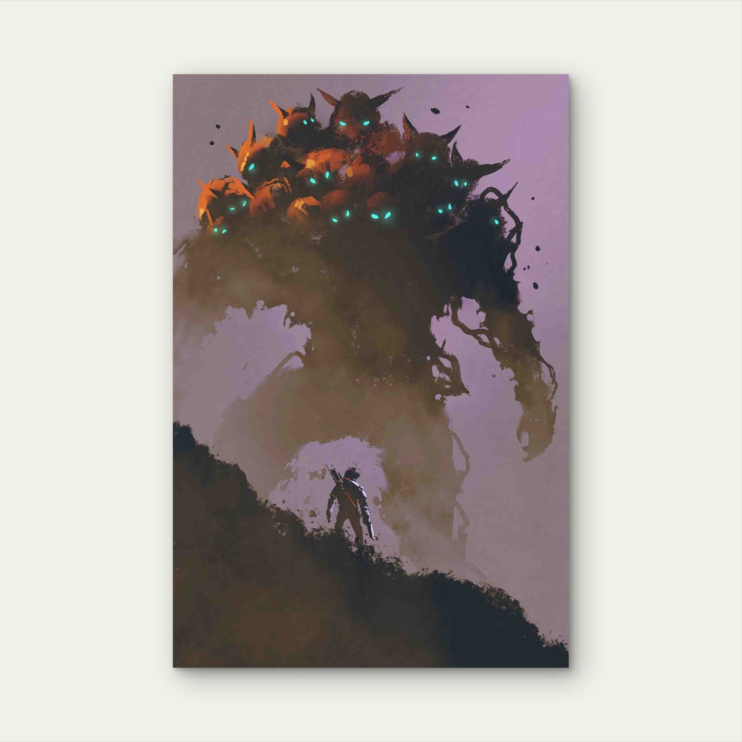 Warrior Facing Giant Multi-head Monster Metal Print Ready to Hang