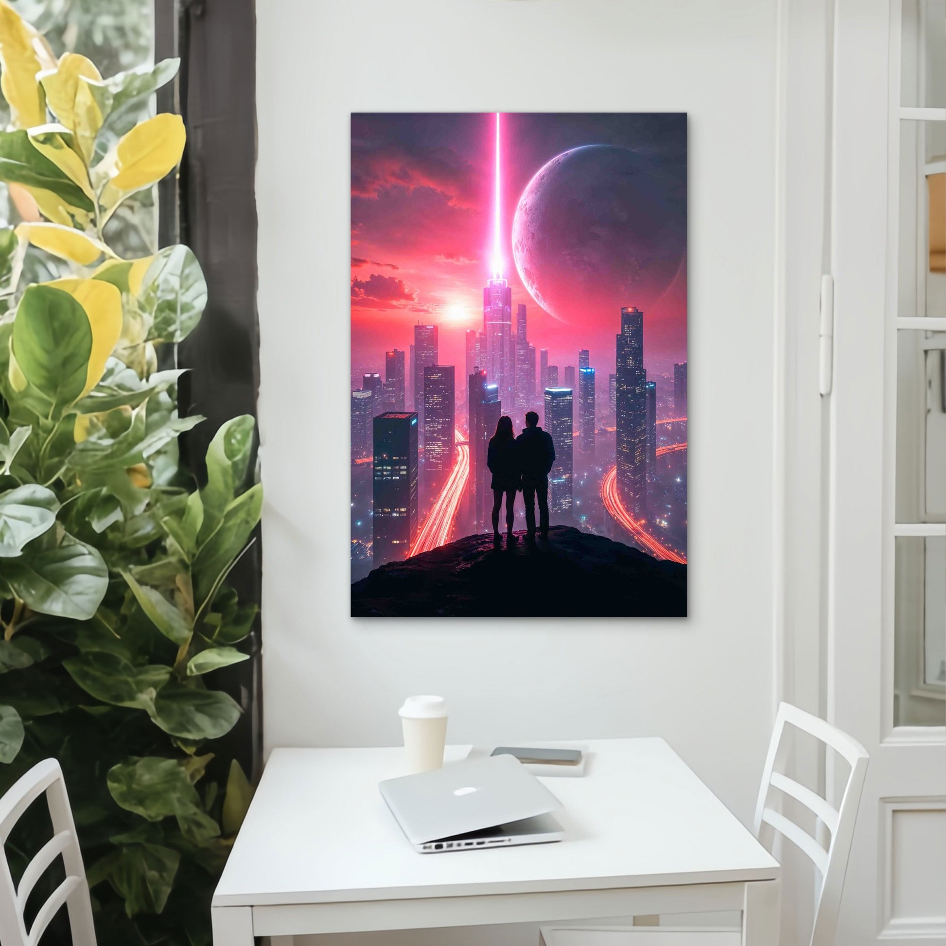 Cyberpunk Cityscape with Huge Planet 40x60cm Metal Print Ready to Hang - Bella Home Decor