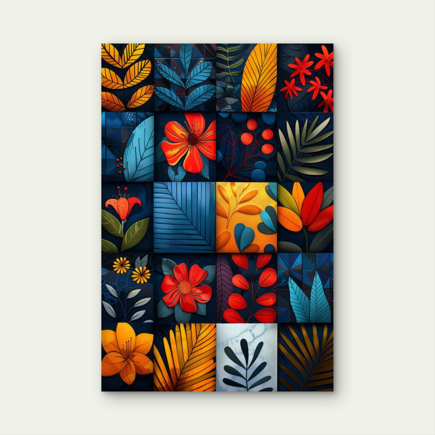 Sleek Geometric Blocks with Intricate Floral Motifs 60x90cm Metal Print Ready to Hang