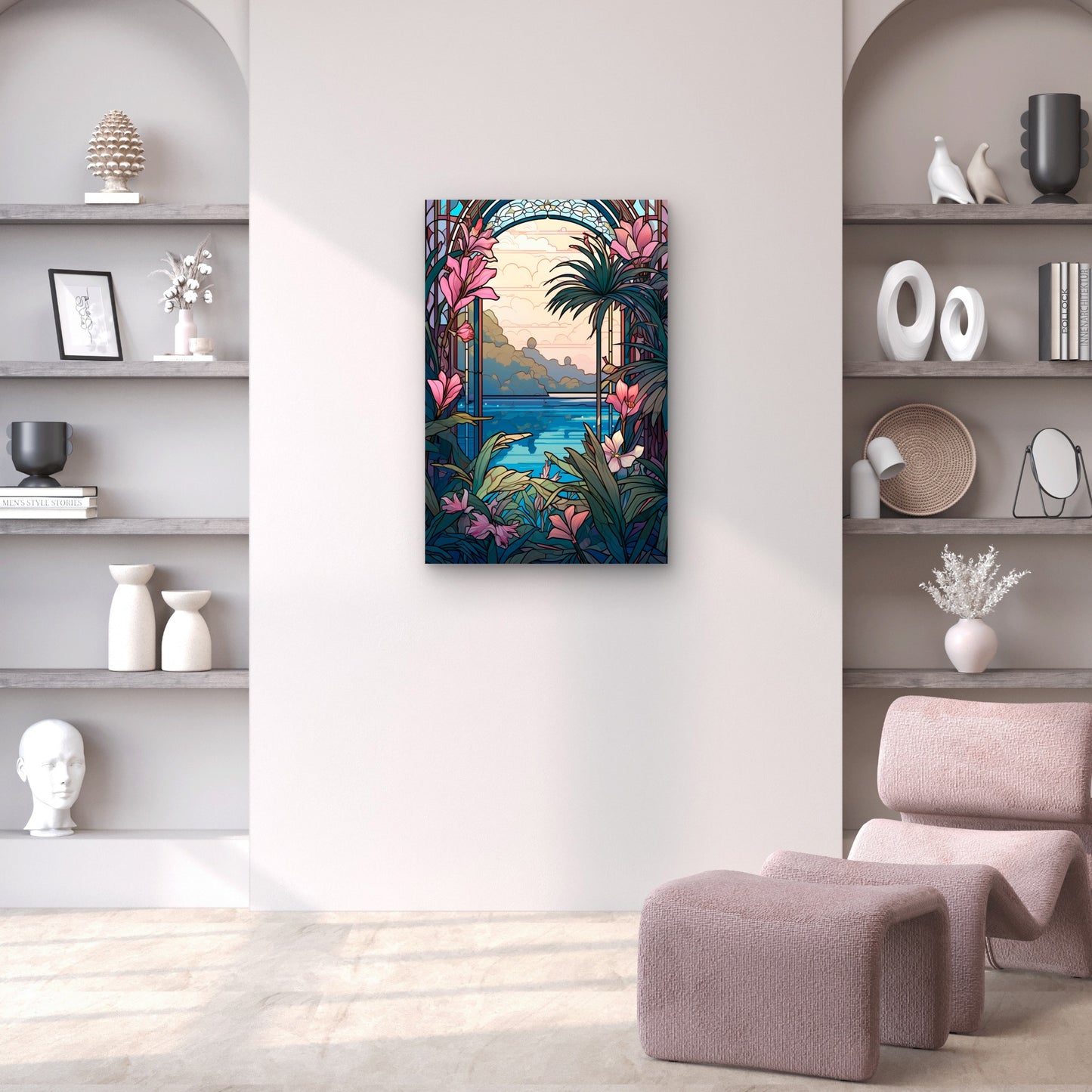 Tropical Coastal Window Palm Lily 40x60cm Metal Print Ready to Hang