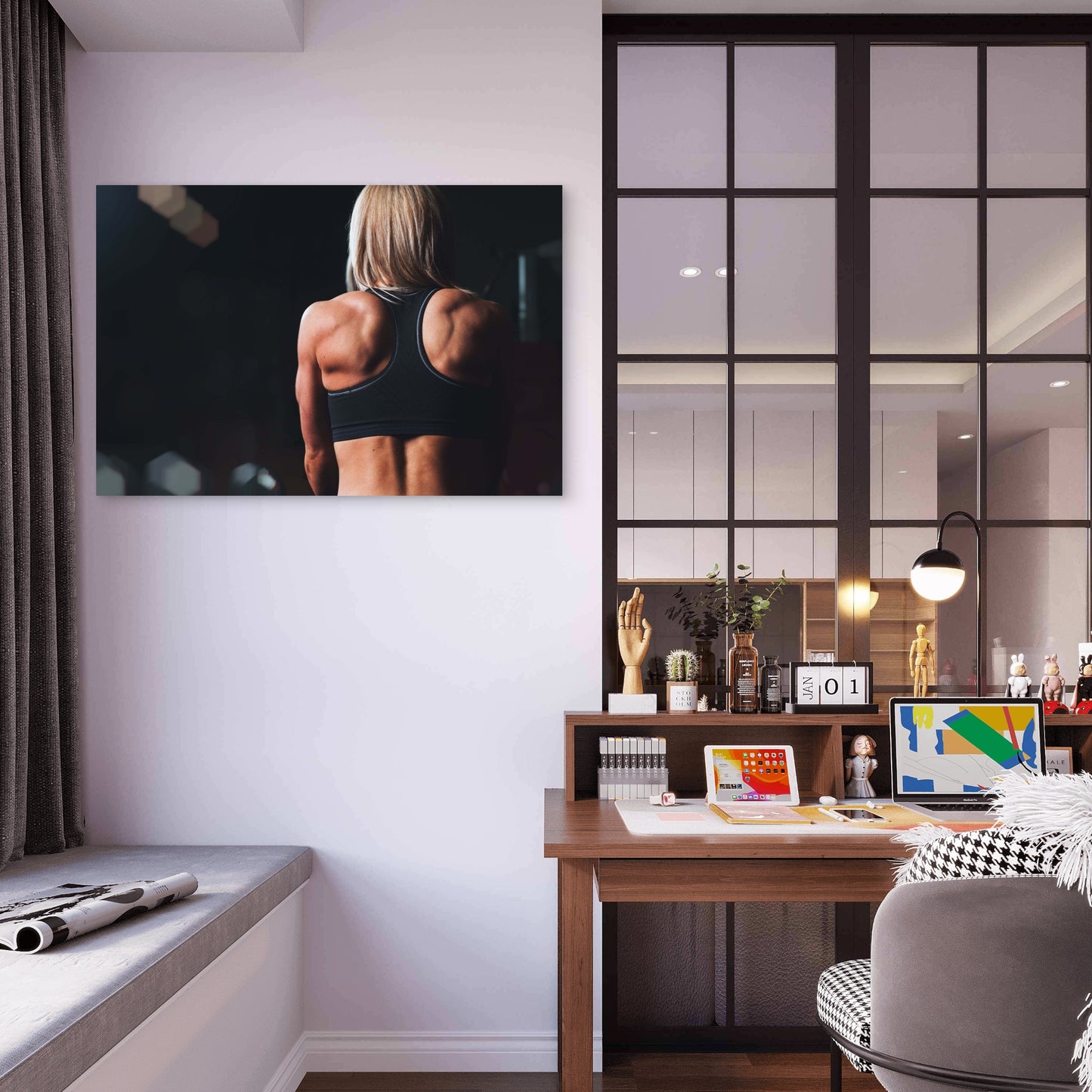 Muscular Back View Fit Blonde Woman Gym Workout 5mm thick Plastic Poster Ready to Hang 90x60cm