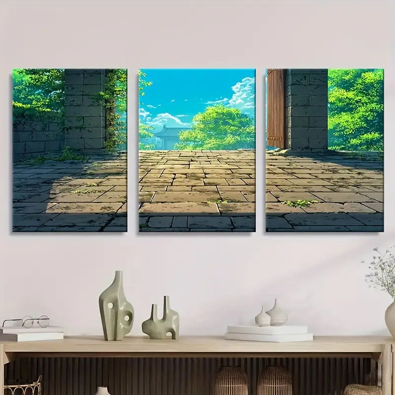 3pcs Anime Background Of An Open Space Metal Print Ready to Hang Art - Bella Home Decor