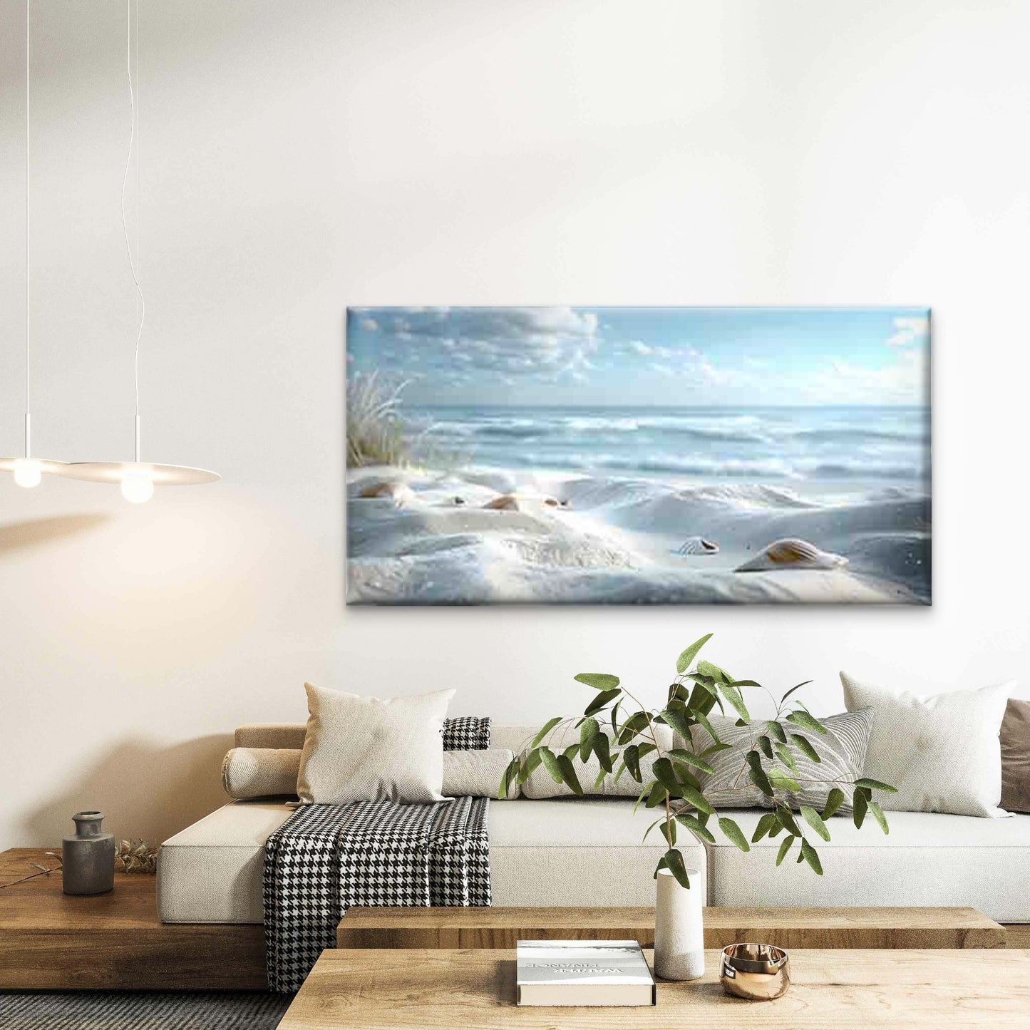 Scattered Shells on White Sand Wall Art Canvas Office Home Room Framed 120x60cm - Bella Home Decor