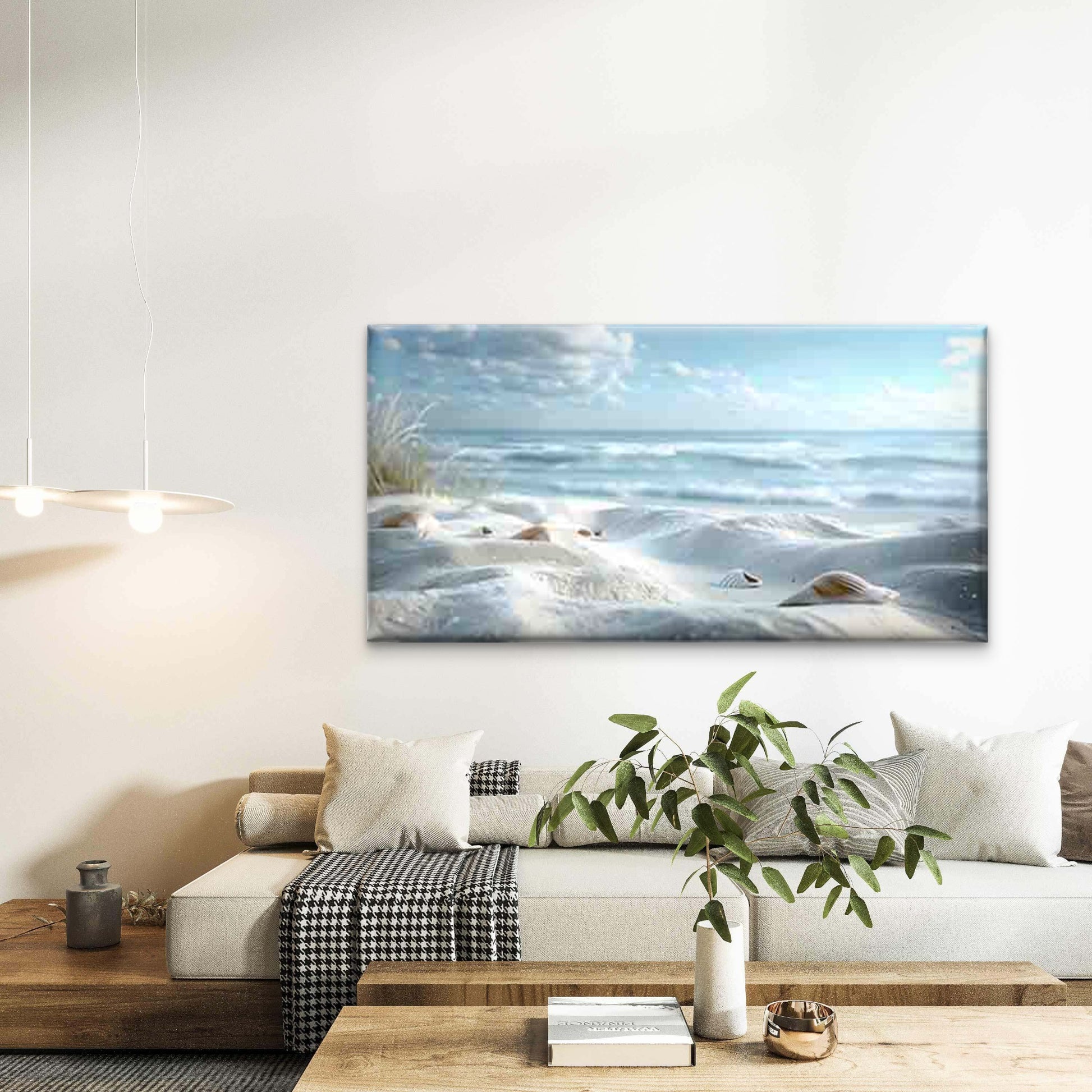 Scattered Shells on White Sand Wall Art Canvas Office Home Room Framed 120x60cm - Bella Home Decor