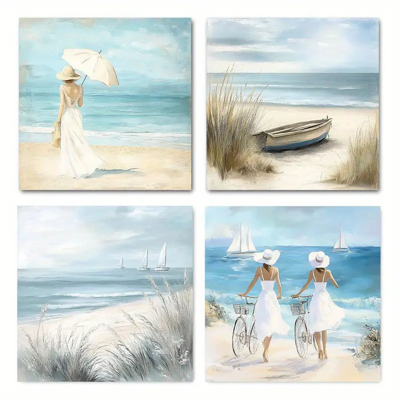 4pcs Vintage Abstract  Beach Sea   Wall Art Canvas Framed