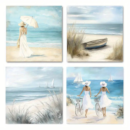 4pcs Vintage Abstract  Beach Sea   Wall Art Canvas Framed