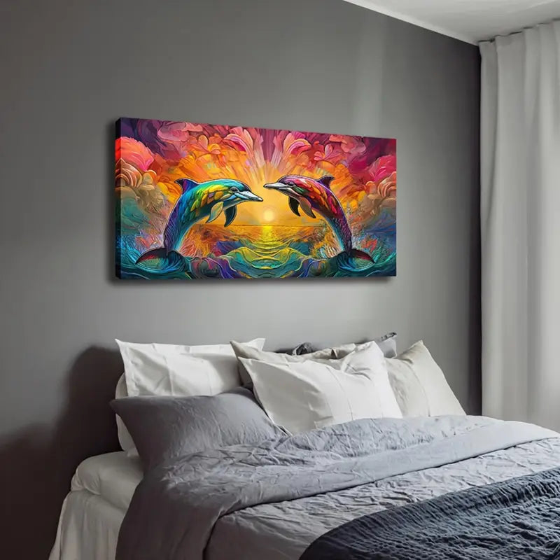 Vibrant Sunset Dolphins Wall Art Canvas Office Home Room Framed 120x60cm - Bella Home Decor