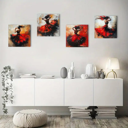 4pcs Elegant Woman In Red Dress  Wall Art Canvas Framed