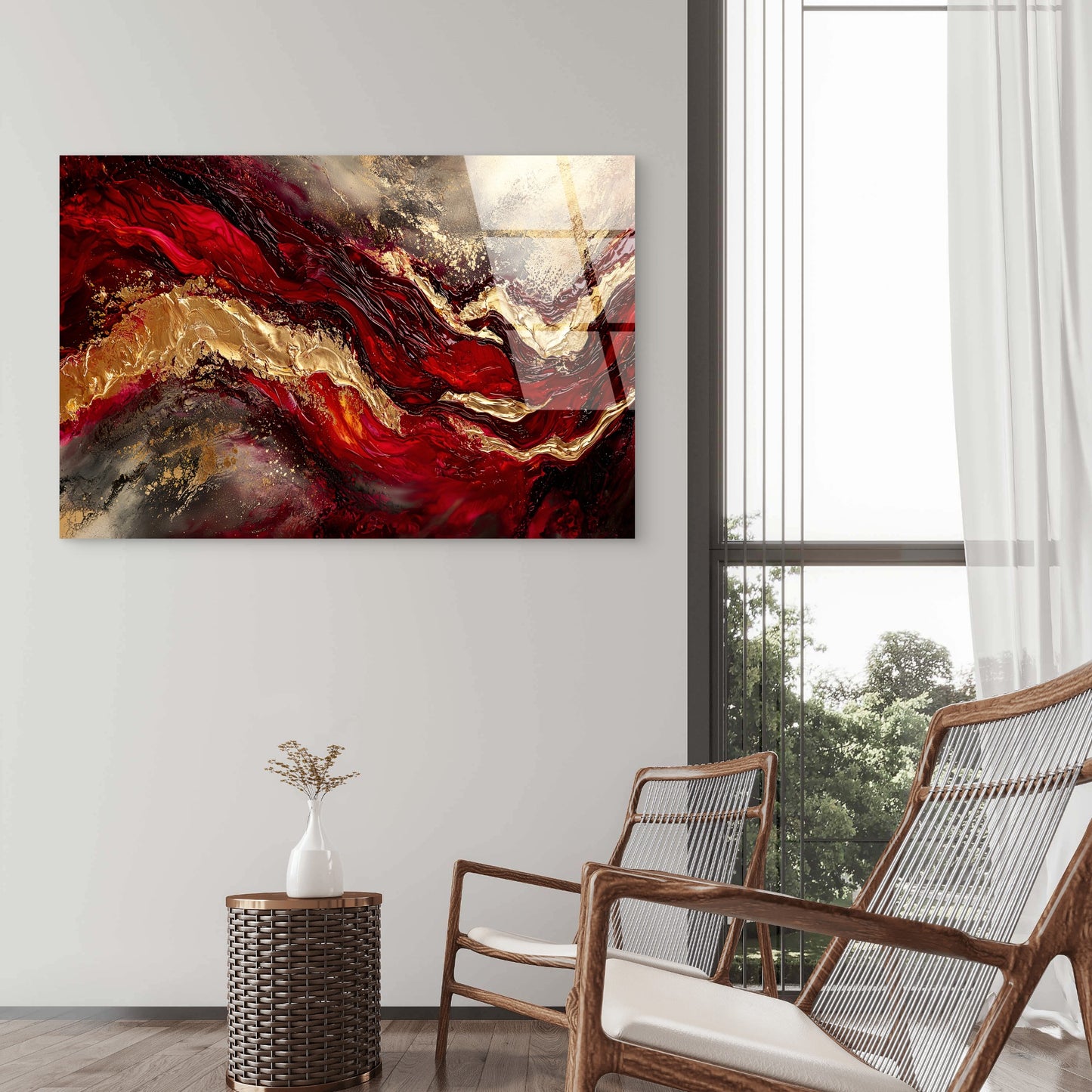 Abstract Red Gold Black Fluid Resin Glass Printing Wall Art Australian Made