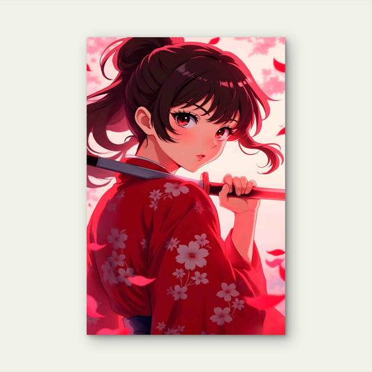 Samurai Girl With Red Kimono Katana 60x90cm Metal Print Ready to Hang