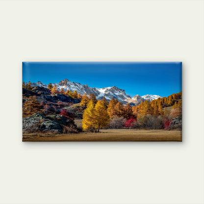 Snowy Mountain Peaks Autumn Foliage Meadow Blue Sky Wall Art Canvas Office Home Room Framed 120x60cm