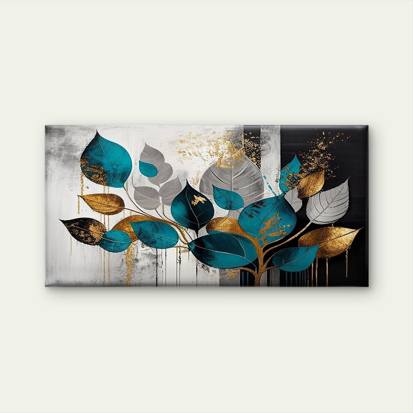Modern Abstract Teal Gold Foil Leaves Wall Art Canvas Office Home Framed 120x60