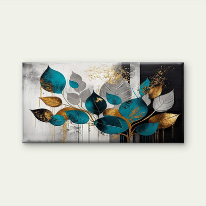 Modern Abstract Teal Gold Foil Leaves Wall Art Canvas Office Home Framed 120x60