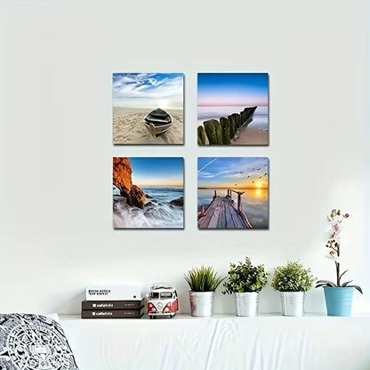 4pcs Navy Blue Floral Blue and White Patterns   Art Canvas Framed - Bella Home Decor