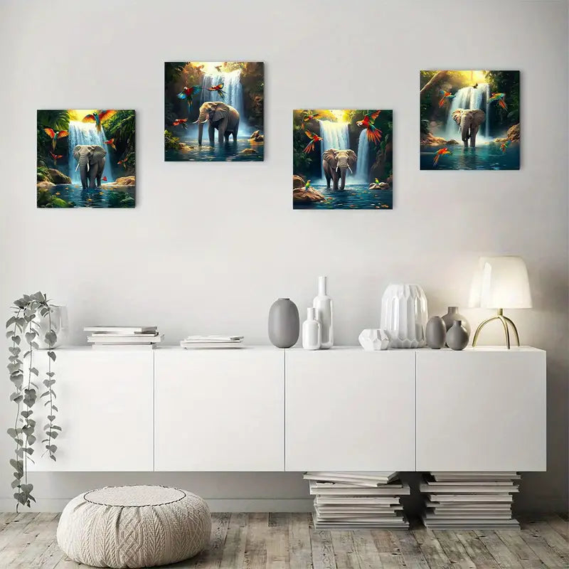 4pcs Elephant waterfall bird  op     Wall Art Canvas Framed
