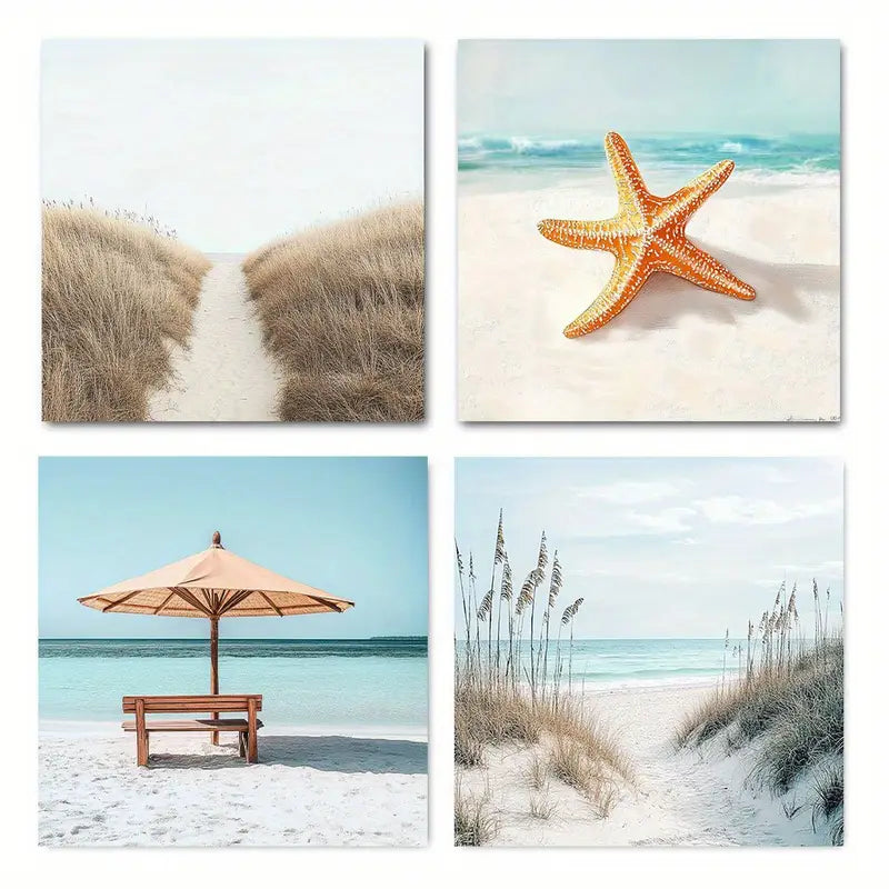 4pcs Beach Sunny Seaside Sand Boardwalk Starfis Wall Art Canvas Framed