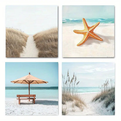 4pcs Beach Sunny Seaside Sand Boardwalk Starfis Wall Art Canvas Framed