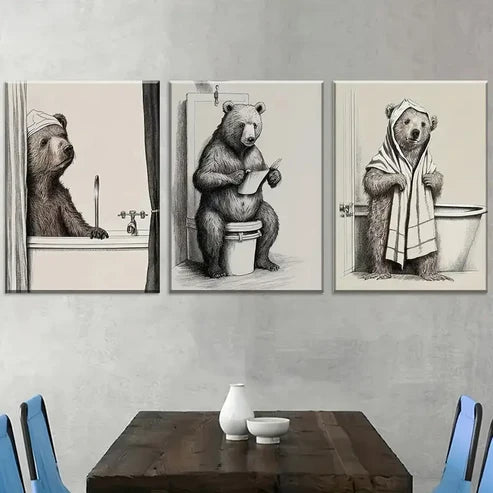 3pcs Retro Style Bear-Like In Bathroom Wall Art Canvas Unframed - High Quality Print 100% Australian Made Wall Canvas