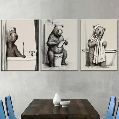 3pcs Retro Style Bear-Like In Bathroom Wall Art Canvas Unframed - High Quality Print 100% Australian Made Wall Canvas