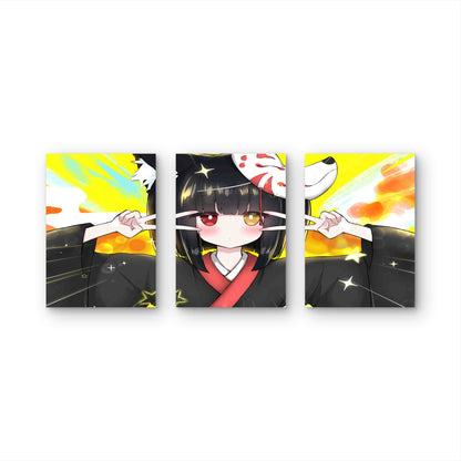 3pcs Fox Mask Kimono Japanese Aesthetic Metal Print Ready to Hang Art