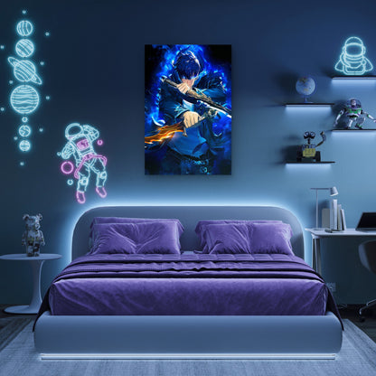 Blue Flame Shadow Swordsman Daggers 40x60cm Metal Print Ready to Hang