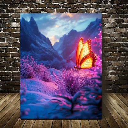 Realistic Snowy Mountain Butterfly Scene with Neon 40x60cm Metal Print Ready to Hang - Bella Home Decor