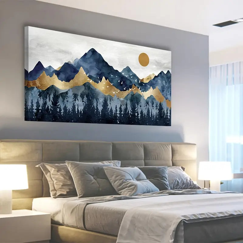 Abstract Nordic Indigo Blue Golden Mountain Forest Wall Art canvas office home room framed 120x60cm - Bella Home Decor