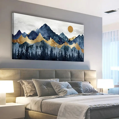 Abstract Nordic Indigo Blue Golden Mountain Forest Wall Art canvas office home room framed 120x60cm - Bella Home Decor